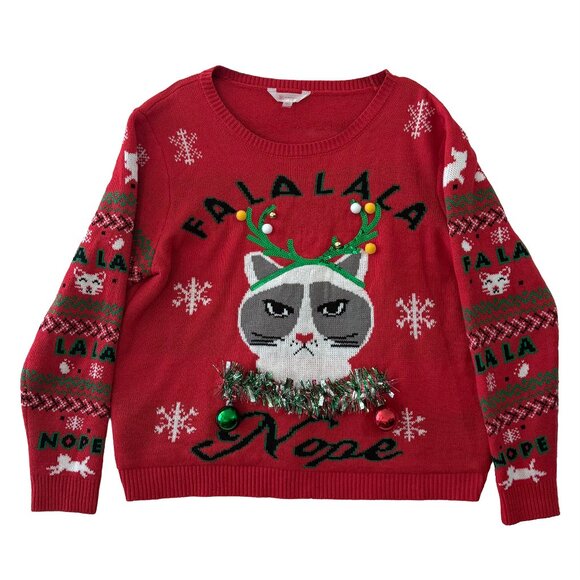 Ugly Christmas Sweater Cat Red "FaLaLaLa Nope" Grumpy Cat 3XL Holiday Funny - Picture 1 of 14